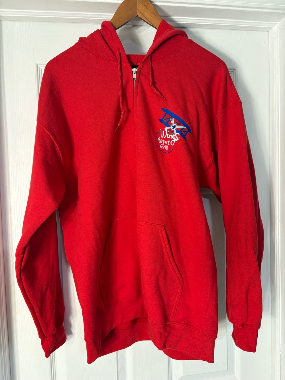 Gildan Red Half-Zip Hooded Sweatshirt with Small Blue Graphic